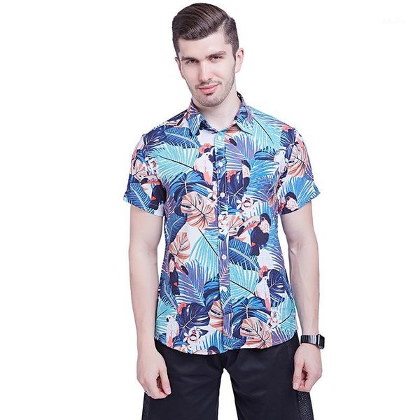 

men shirts summer hawaiian holiday dress turn-down collar short sleeve camisa fashion print tropical plant floral casual shirts1, White;black