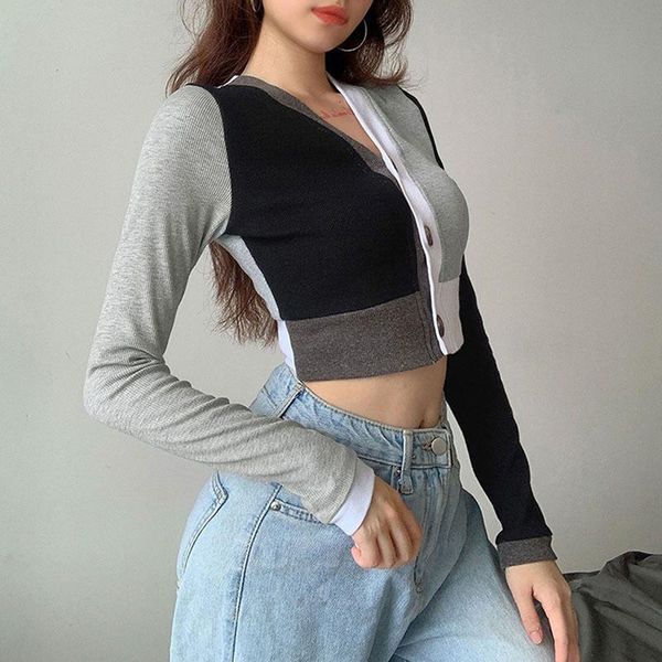 

new fashion patchwork knitted casual crop cardigan women buttons autumn long sleeve v neck sweater ladies fashion jumpers ladies, White