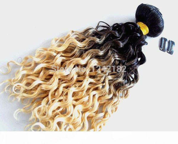 

t hair product brazilian clip in extensions 9pcs set 1b 613 two tone virgin human remy hair ombre deep curly hair, Black