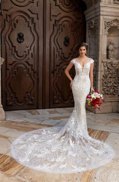 Neue Kitty Chen Meerjungfrau Brautkleider Spitze Applikationen Brautkleider V-ausschnitt Flügelärmeln Illusion Zurück Brautkleid Vestidos De Novia285L