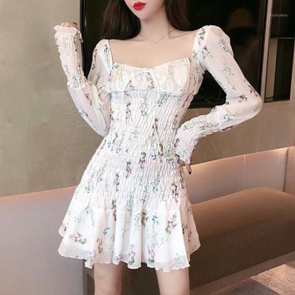 

boho chic 2020 summer floral flower print women's mini dress bohemian long sleeve square collar chiffon dress vestidos female1, Black;gray