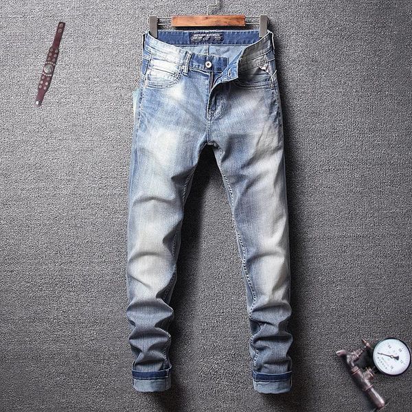 

summer fashion streetwear men jeans light blue color white washed simple classical jeans men slim fit hip hop homme