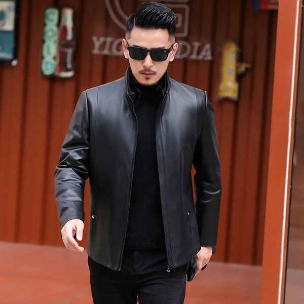 

men's leather & faux high grade coat mink collar middle age down liner detachable jacket, Black
