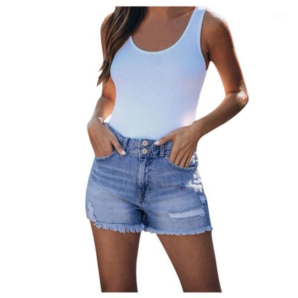 

jaycosin denim shorts for women high waist jeans female summer fashion casual ripped button pockets denim short jeans1, Blue