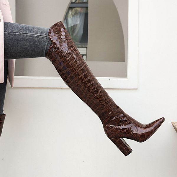 

2021 women white print heels long lady winter riding boots designer high knee thigh block higher boot size r7vu, Black