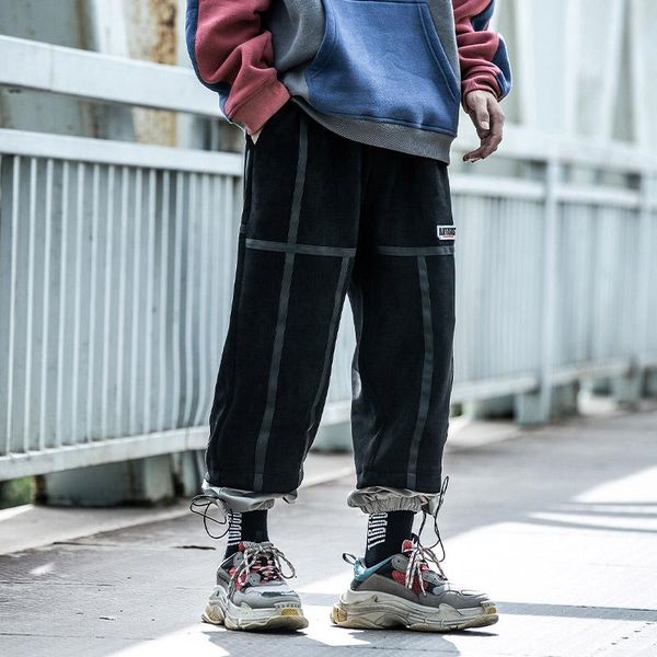 

leisure trousers male trend of qiu dong joker loose stitching overalls beam foot foot trousers movement, Black