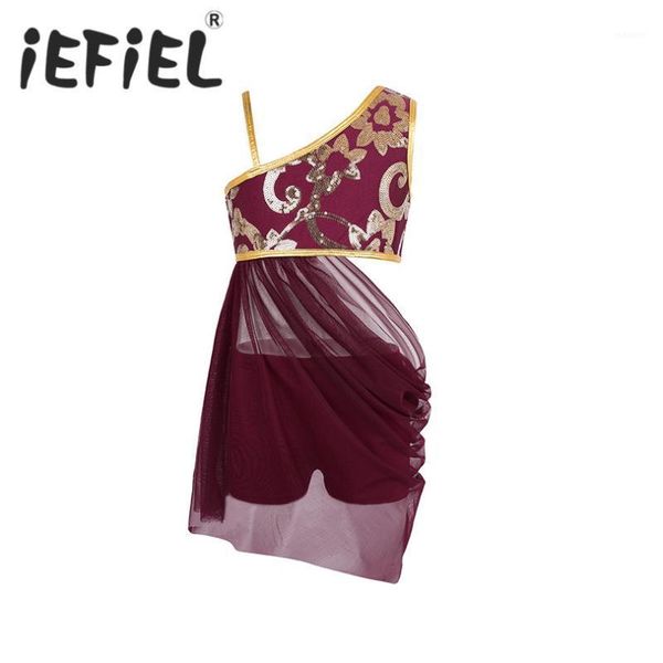 

iefiel girls children kids ballet gymnastic performance one-shoulder floral sequins dress for lyrical modern contemporary dance1, Black;red