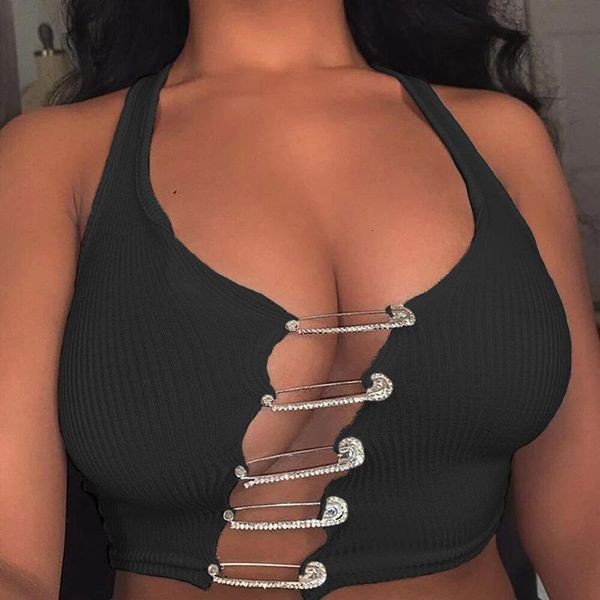 

low-neck button tank women sleeveless sporty vest fashion casual wear ribbed club partywear 2020 new tees, White