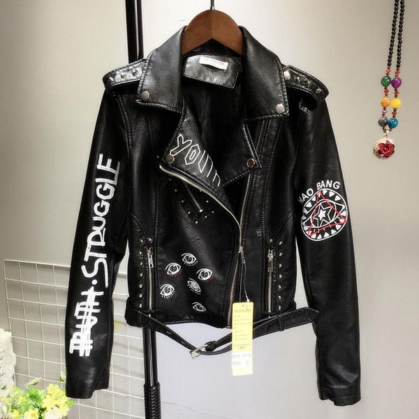 

black punk graffiti faux leather jacket women autumn female slim short pu coat ladies zipper rivet crop motorcycle biker jackets