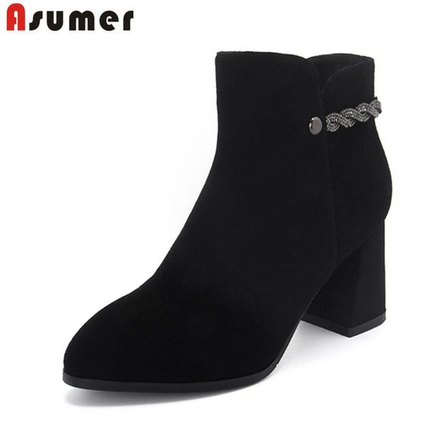 

boots asumer 2021 ankle for women round toe suede leather zip thick high heels shoes autumn winter ladies, Black