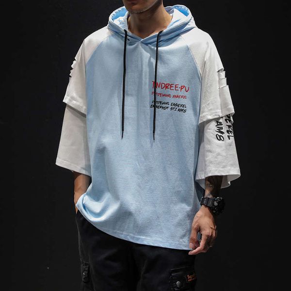 

235kg can wear oversized korean hip-hop cotton 7 / 4 sleeve stitching hole youth casual t-shirt for men xia