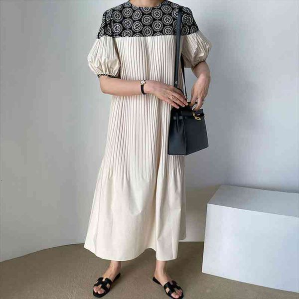 

[ewq] korea chic summer casual fashion o neck robe embroidery flower stitching loose puff sleeve midi dress women 16e611, Black;gray