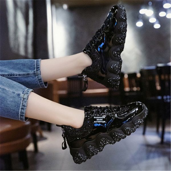 

2021 new women chunky fashion sequins leather designer ladies black red sports shoes pmci, Black;white