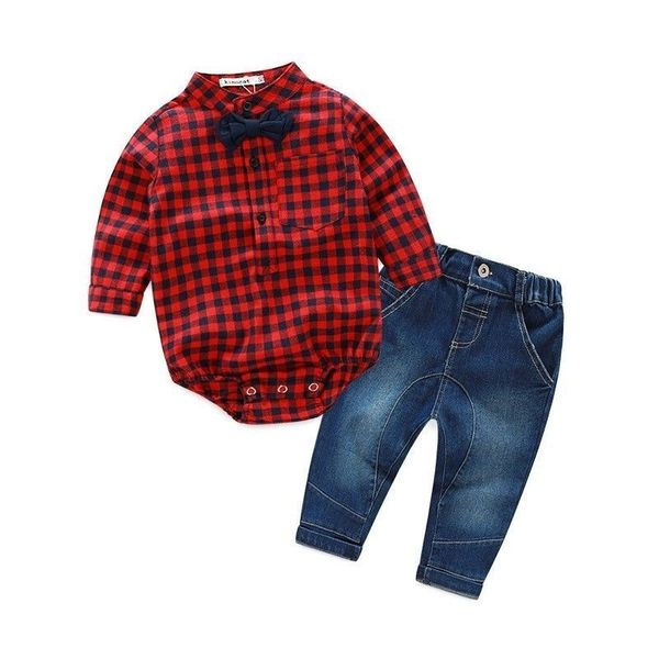 

2pcs kids baby boys clothes set bodysuit jumpsuit long sleeve plaid jeans pants outfits baby boy clothing set y200803, White