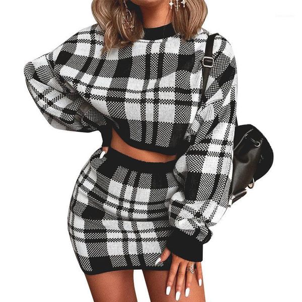 

pd fashion autumn and winter 2 piece set women plaid sweater set black and white print pattern long sleeve pullover skirt1, Gray