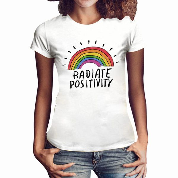 

hillbilly raoiate positivity new t shirt women rainbow graphics striped 2020 short sleeve beach couple cotton tshirt famale, White