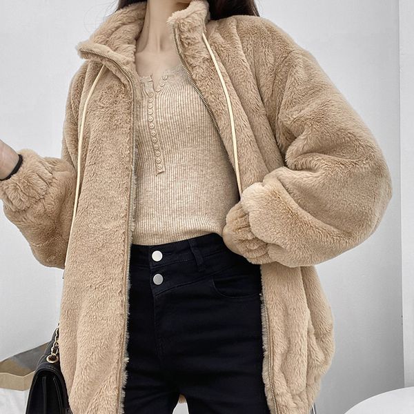

autumn / winter 2020 new women's winter versatile rabbit hair stand collar jacket plush coat women's wide tweed coat, Black