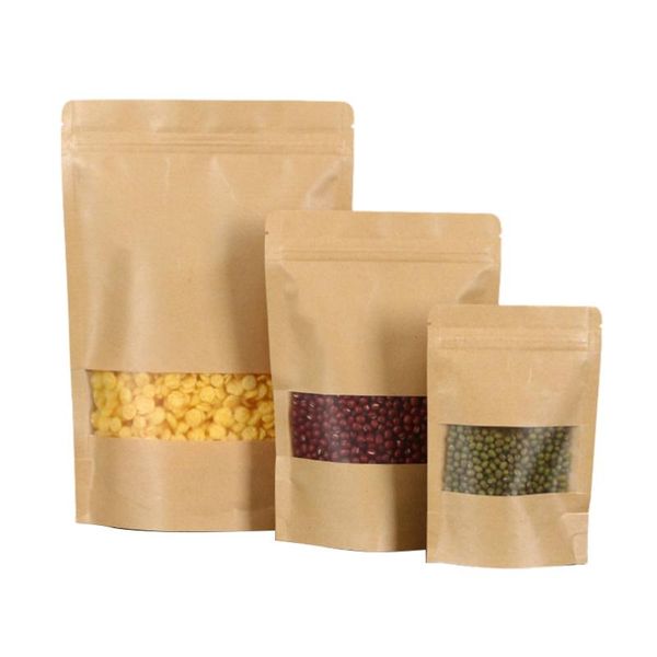 

storage bags 100 pcs packaging kraft paper stand up zipper pouch bag with window resealable zip closure heat seal for