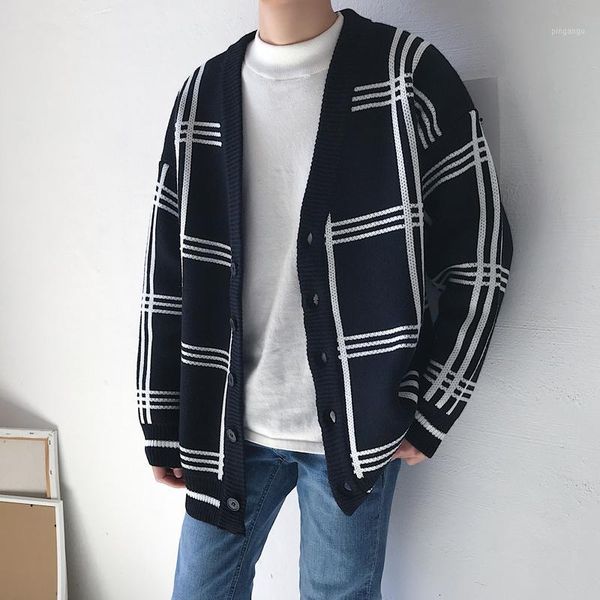 

winter thick cardigan men's warm fashion retro casual v-neck knit sweater jacket man streetwear wild loose plaid sweater male1, White;black