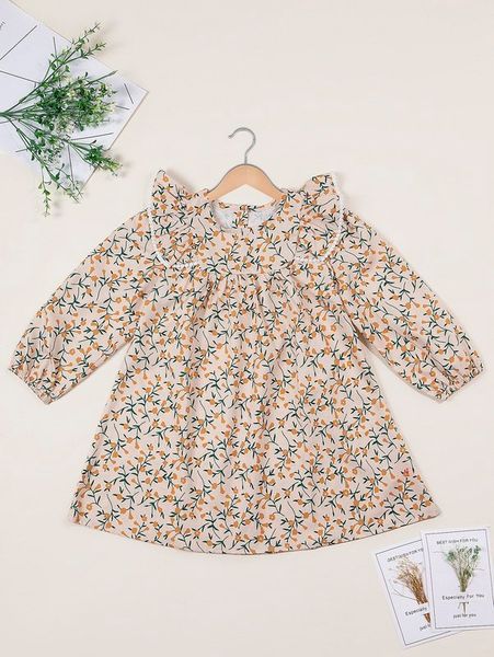 

toddler girls allover floral print bishop sleeve ruffle trim dress she, Red;yellow