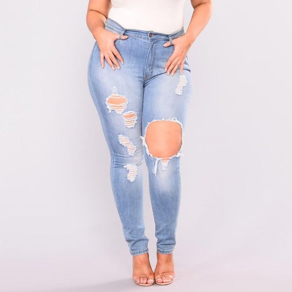 

women hole jeans plus size slim fit bodycon casual denim pants for summer -mx8, Blue