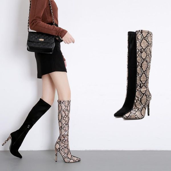 

2020 knee-high knight boots mixed colors thin heels boots fashion quality leather woman snake grain1, Black