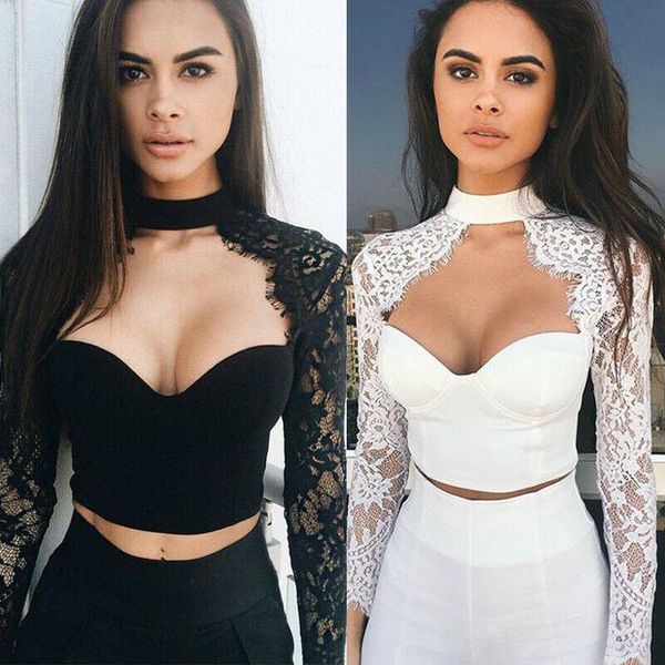 

women lace slim crop long sleeve casual low collar t-shirt ladies solid skinny tee shirts party clubwear, White