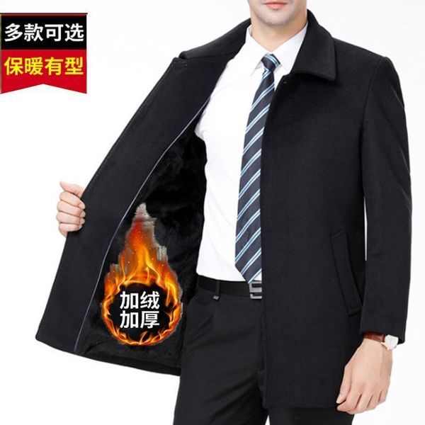

qiu dong season cashmere coat lapel jacket business casual male elderly men with hair thickening wool coat1, Black