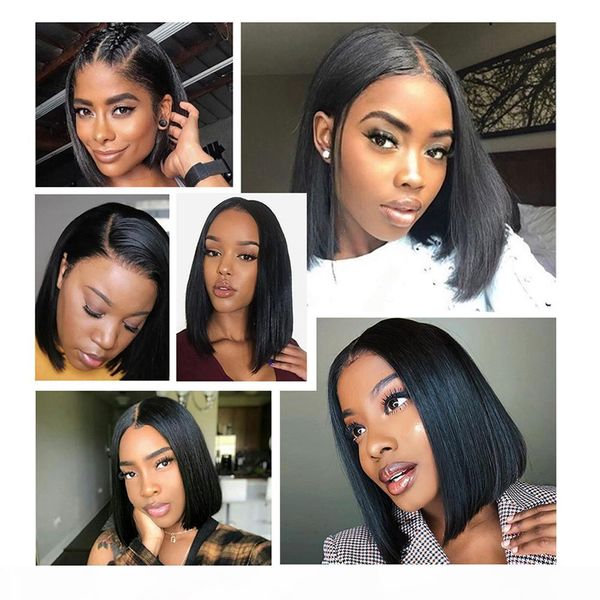 

full lace human hair wigs for women natural color 130density remy hair silky straight short bob lace front human hair wigs, Black;brown