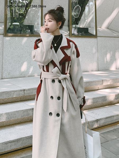

women's wool & blends color contrast woolen coat middle and long style korean version of fall winter 2021 casual soft, Black