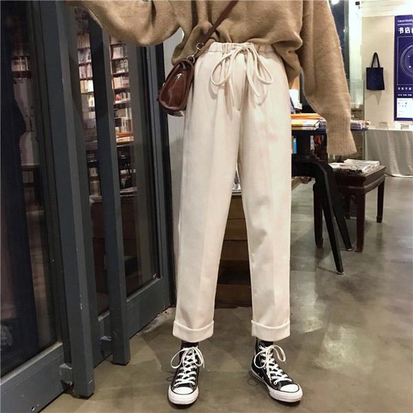 

women's pants & capris casual womens solid elastic high waist drawstring loose thicken plus size 3xl korean style daily fashion female, Black;white
