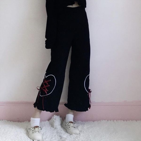 

sweet cute women love bow tie wide leg pants 2020 new summer fashion loose slim high waist solid pants for female, Black;white