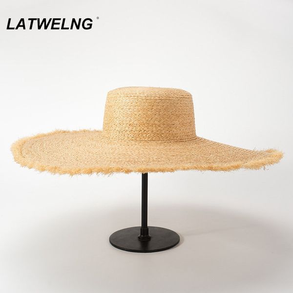 

wholesale ladies handmade raffia sun protective travel hats women big brim flat beach hat modern style uv straw cap s1205 c0123, Blue;gray