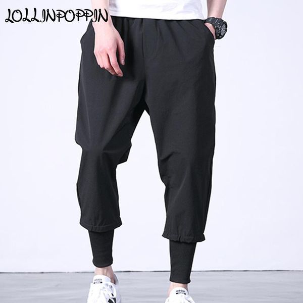 

japanese style mens harem jogger pants elastic waist casual ankle length pants drop crotch joggers hiphop hip flap pockets1, Black