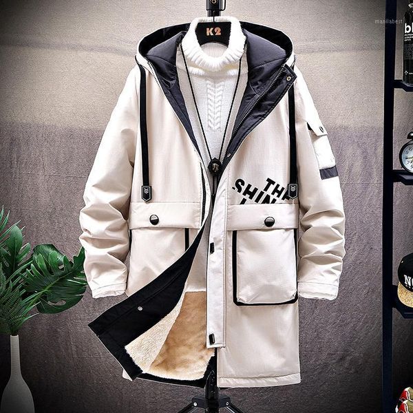 

autumn winter men's fleece thick warm long trench coat hooded safari casual style outwear x171, Tan;black