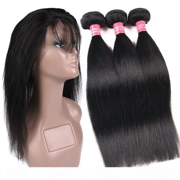 

8a remy brazilian straight & body wave virgin hair weave 3 bundles with 360 full lace closure 100% unprocessed brazilian human hair weaves, Black