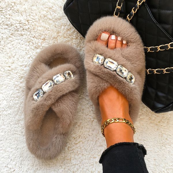 

fur slides for women fashion summer diamond faux fur slippers fluffy flip flops rhinestones sandals glitter indoor slippers 220224, Black