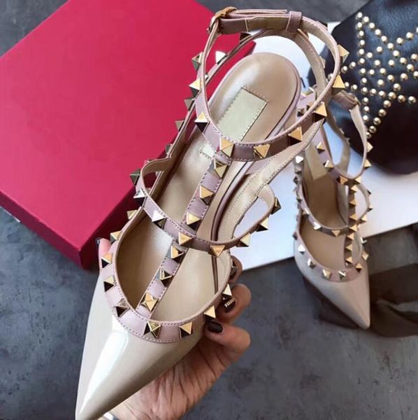 

2021 casual designer lady fashion brand women fashion studded spikes point toe strappy high heels bride wedding shoes ty shoes, Black