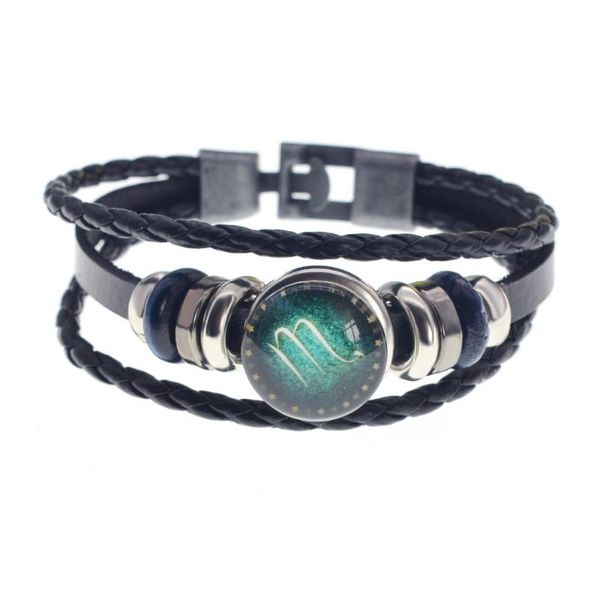 

2020 new fashion scorpio black leather zodiac 12 constellation zodiac sign with beads bracelet leather bracelet sb1207s, Golden;silver