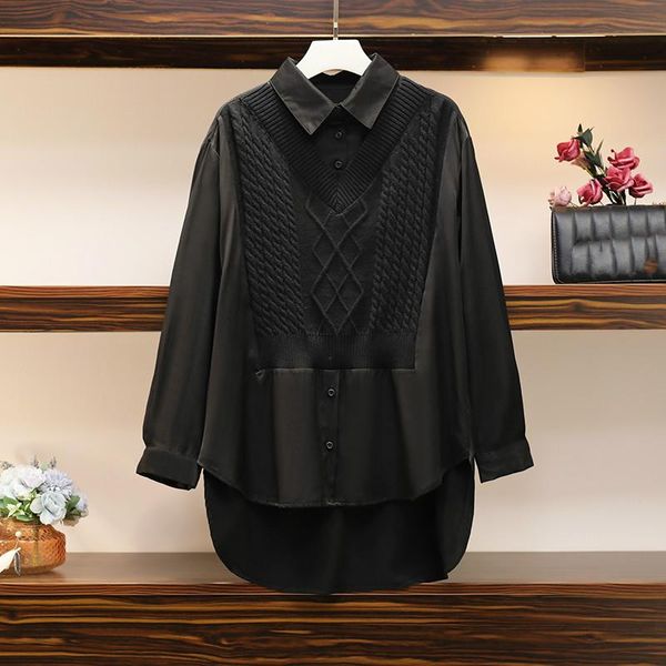 

[ewq] 2020 winter women gentle casual patchwork shirt collar loose minimalist panelled long sleeve pullover knit sweater 8q491, White;black