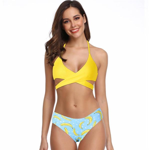 

trendy woman bikini swimsuit summer cool party beach temptation yellow banana white sunflower swimwear1, White;black