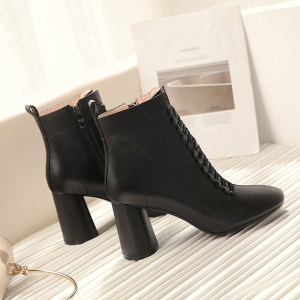 

women's genuine leather ankle more size 22-26.5 cm long feet for women in high heels undefeated boots mujer zapatos uohn, Black