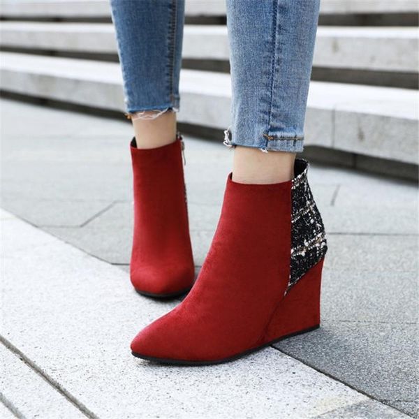 

boots pxelena plus size 34-43 women ankle wedge high heels flock office lady party work daily shoes autumn winter 2021 patchwork, Black