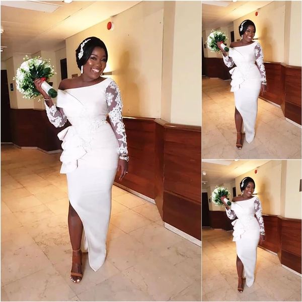 

plus size 2021 mermaid thigh-high slits evening dress elastic satin long sleeves lace bridesmaid dresses applique white prom party gown, White;pink