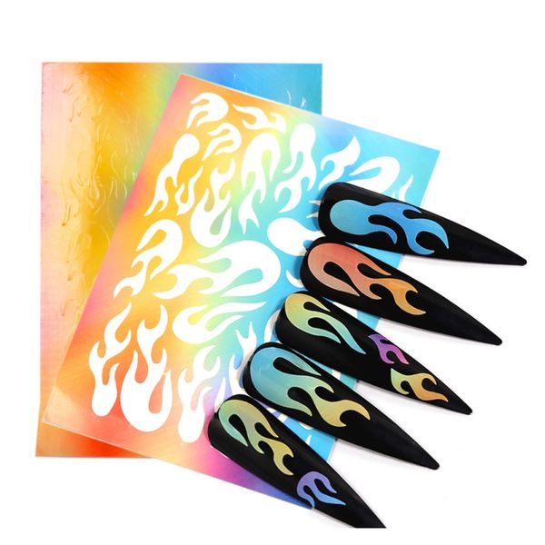 

8pcs holographic nail foil flame mixed patterns decals nail art transfer stickers diy nail manicure decor water slide decals wmttop
