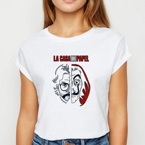 

la casa de papel two half face tshirt graphic printing design spring summer t shirt harajuku loose ladies o-collar t-shirt, White