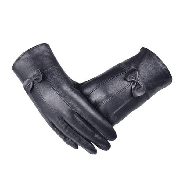 

female gloves 2020 fashion leather gloves women with bow girl eldiven luxurious super warm winter cashmere guantes mujer, Blue;gray