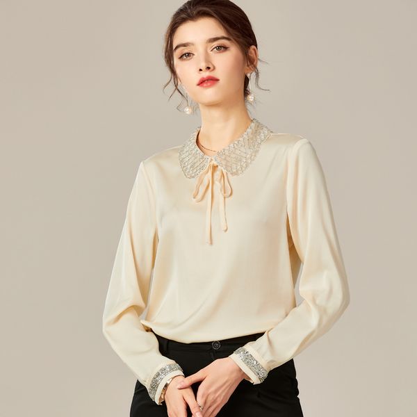

95%silk 5% spandex women's shirts peter pan collar long sleeves beaded elegant blouse spring, White