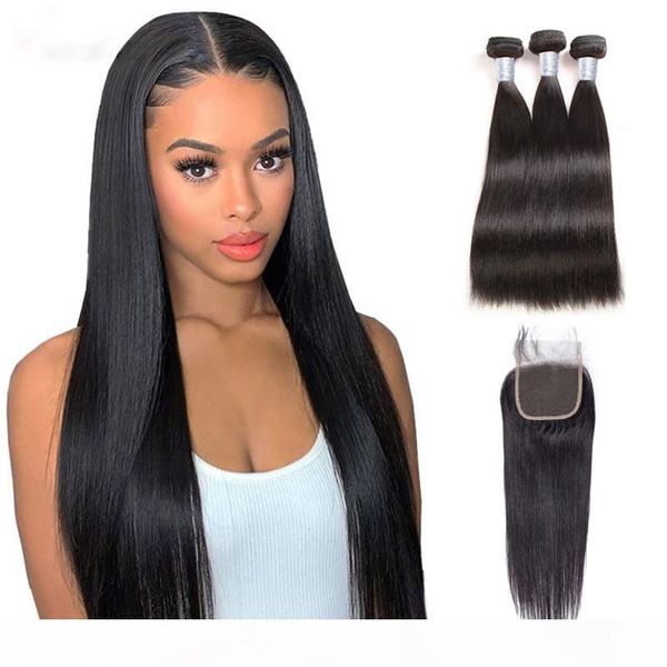 

8a brazilian straight virgin hair bundles with lace closure unprocessed peruvian natural black human hair extensions weave with closure