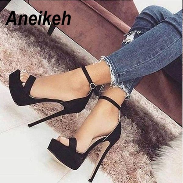 

aneikeh 2020 new 14.5cm platform high heels sandals summer ankle strap open toe gladiator party dress women shoes size 42 y200623, Black